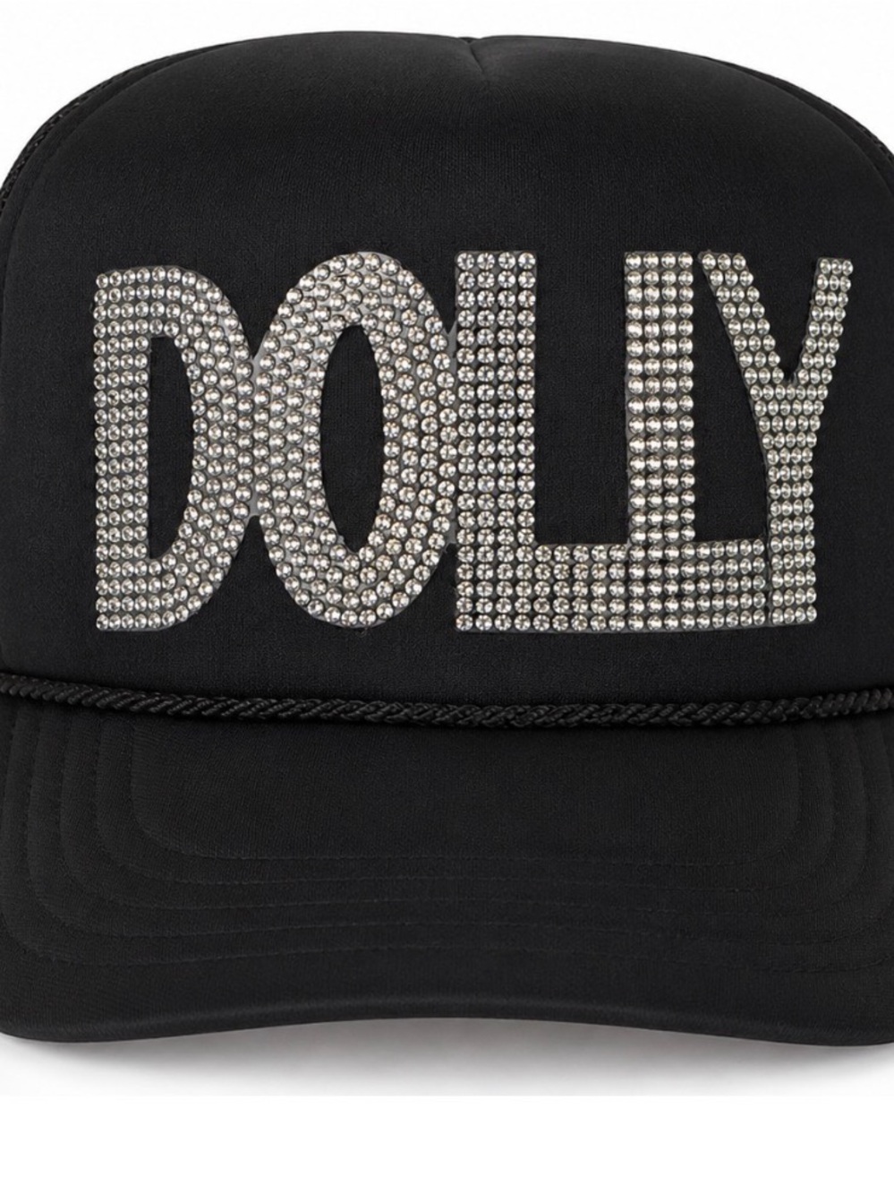 DOLLY Dolly Parton Dollywood Crystal Logo Black Trucker Hat